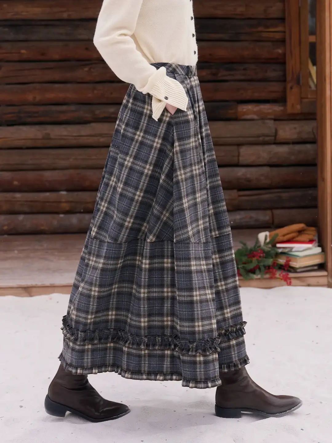 Pearl Ruffle Plaid Skirt