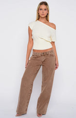 In A Spiral Cinched Waist Off Shoulder Knit Top Cream